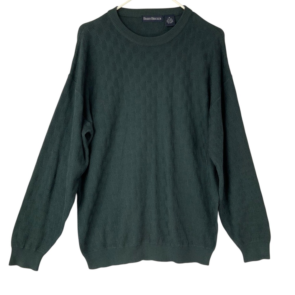 Barry Bricken Green Diamond Knit Sweater M Pullover Crew Neck Long Sleeve Silk